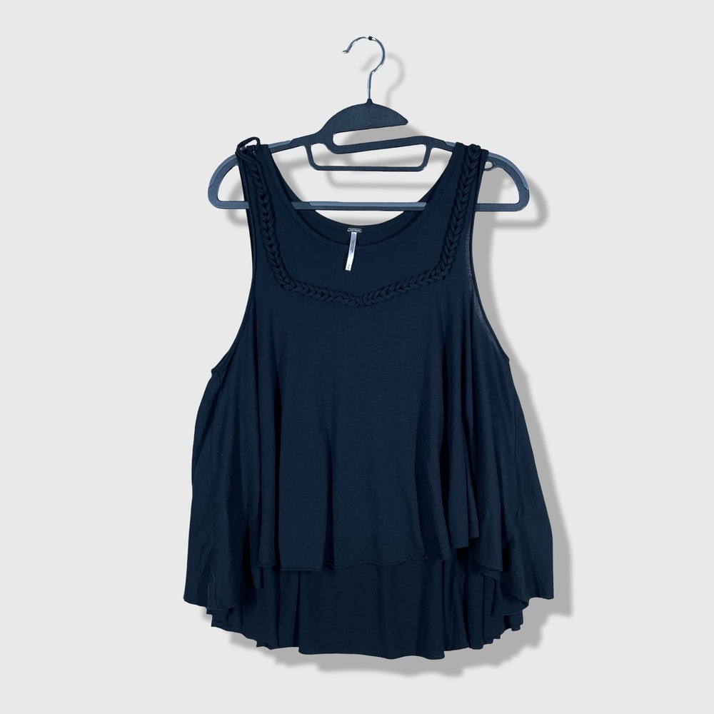 Free People Tank Top Women Medium Black Boho Braid Trim Tiered Hem